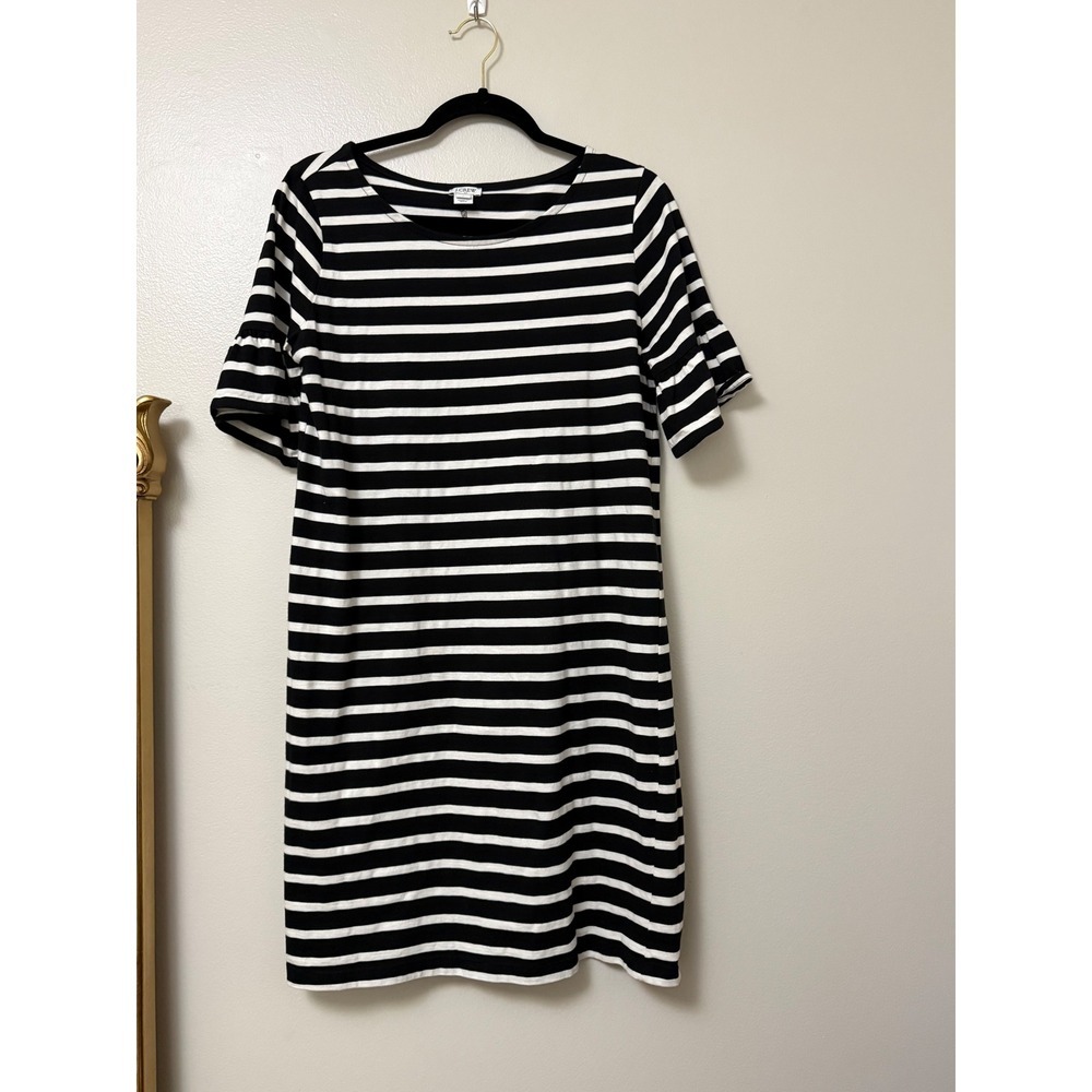 J.Crew Womens Black White Striped Ruffle Bell Sleeve Cotton Shift Dress